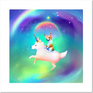 Corgi Riding on a Unicorn Posters and Art